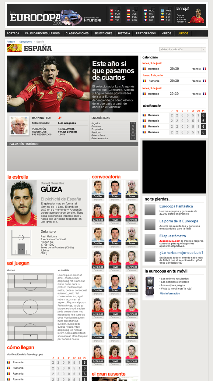 Página de las selecciones de la web de la Eurocopa