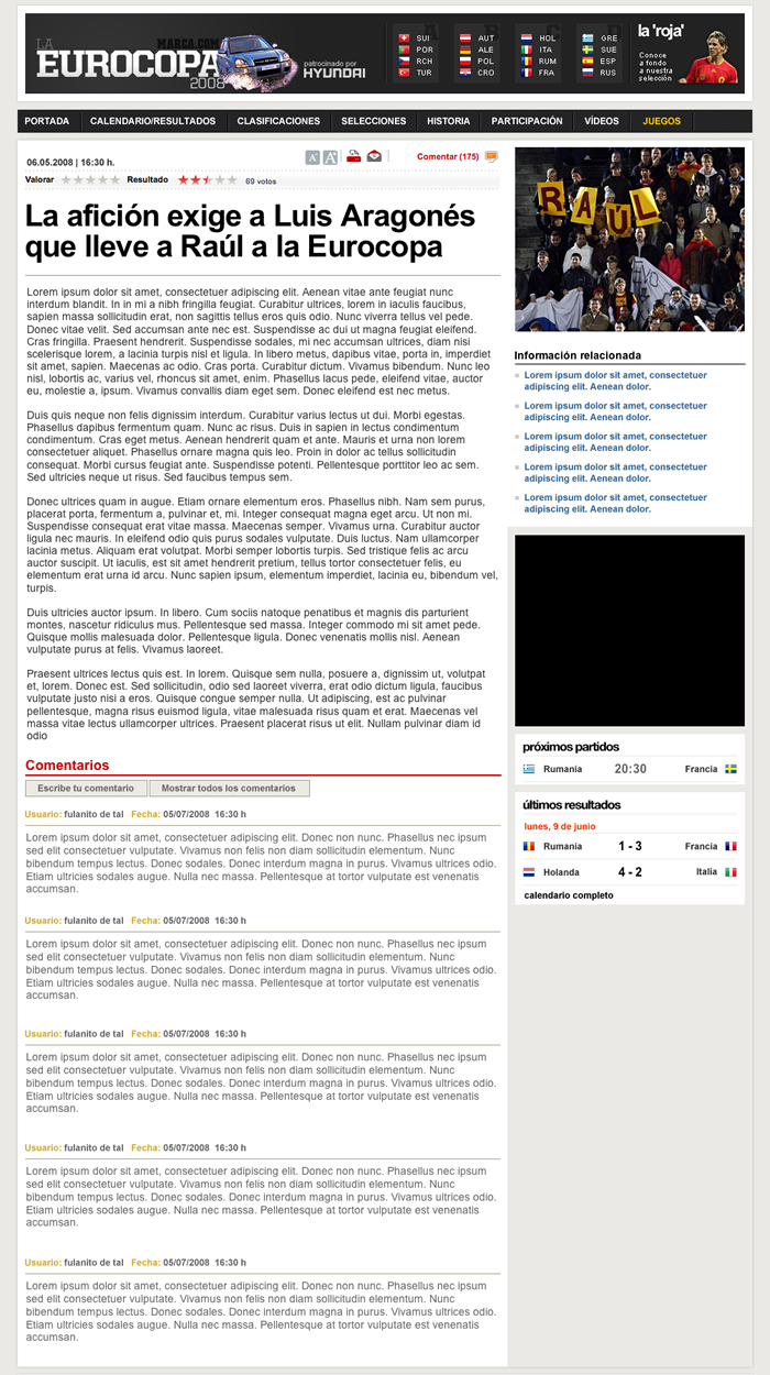 Página de noticias de la web de la Eurocopa